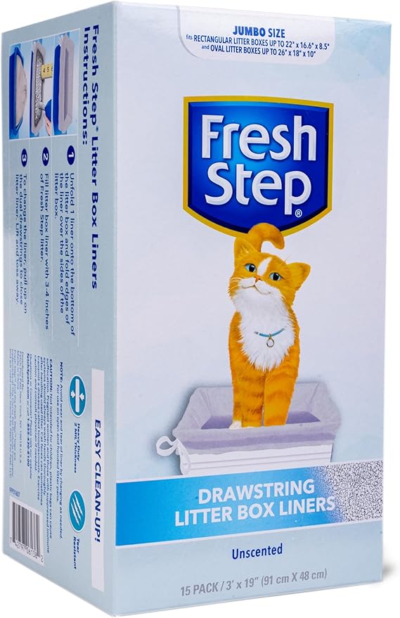 Fresh Step Jumbo Drawstring Cat Litter Box Liners, Heavy Duty Unscented Kitty Litter Bags for Oval Rectangle Pans, Easy Lift Cleanup, 36 x 19 Inches, 15 Count, 12 Pack