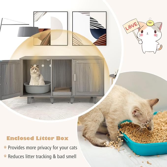 Tangkula Patented Double Cat Litter Box Enclosure for 2 Cats, Large Stackable Hidden Privacy Cat Washroom Cabinet with Scratching Board, Indoor Cat House TV Stand, Litter Box Furniture (Grey Oak)