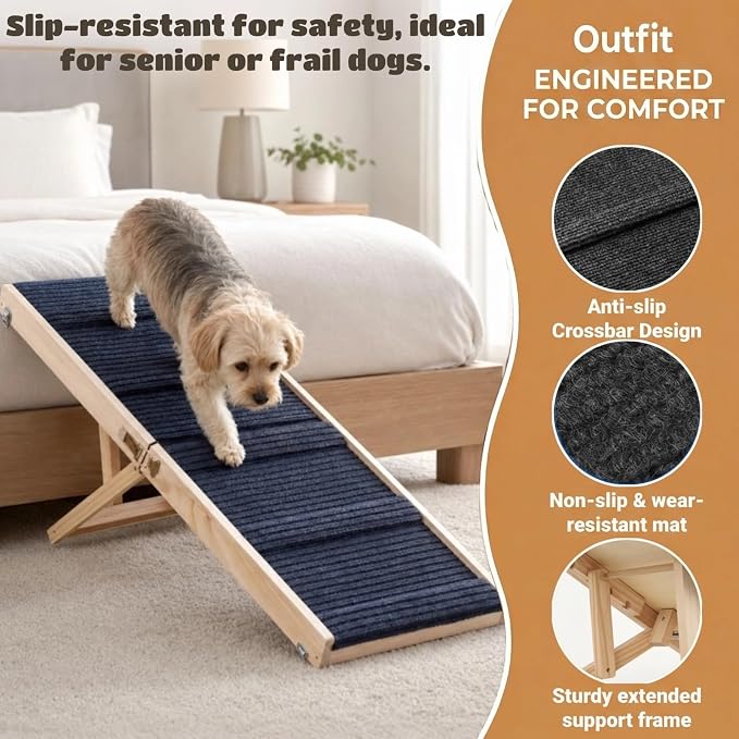 Dog Ramp for Couch & Bed for Dogs, Foldable Small to Large Dog Ramps for Sofa - 39.4" LX15.7 W, 5 Adjustable Height, Portable, Wider and More Stable, Non-Slip, Carry Handle, Wood