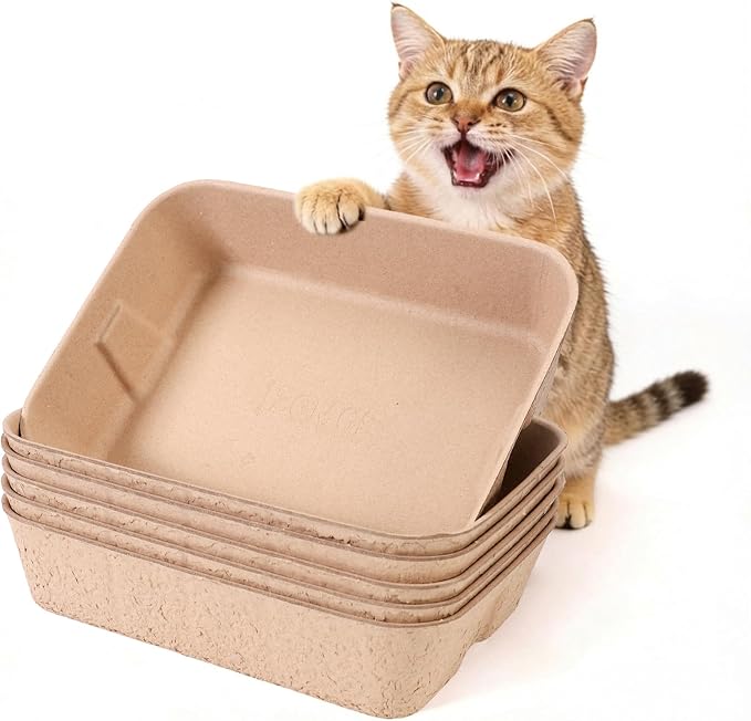 Disposable Litter Boxes for Cats, Durable and Water Resistant, Sustainable Large Disposable Litter Box, Disposable Cat Litter Boxes for Indoor/Travel Use, Standalone or as Liner (Brown, Large 6-Pack)