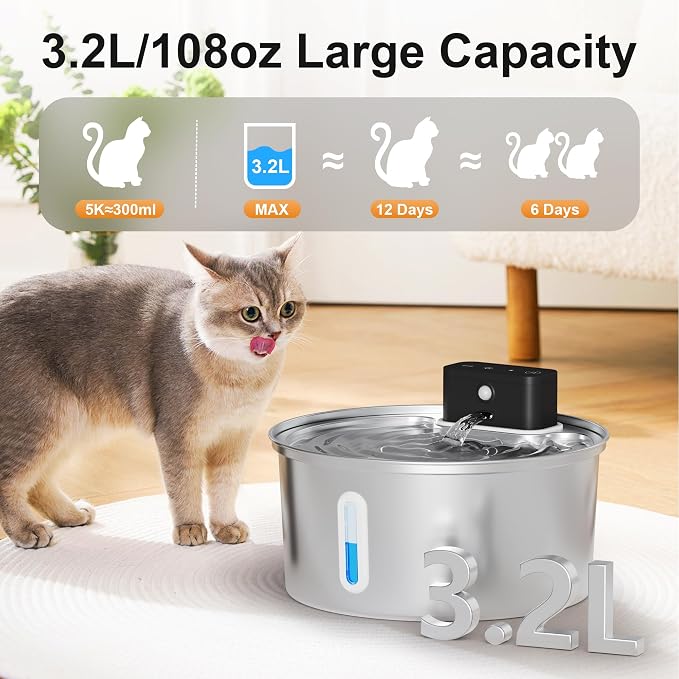 Casfuy PWL-008 Wireless Smart 3-Mode Stainless Steel Cat Water Fountain, 108-oz
