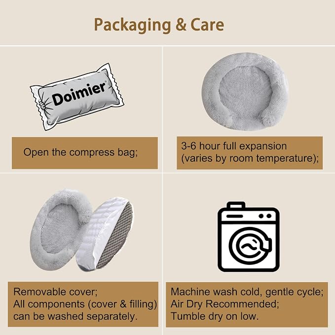 Calming Dog & Cat Beds with Orthopedic Egg-Crate Foam Raised Rim, Soft Fluffy Faux Fur Pet Bed for Small Medium Dogs, Anxiety Relief Spine Support, Machine Washable (Round, Pale Grey 23")