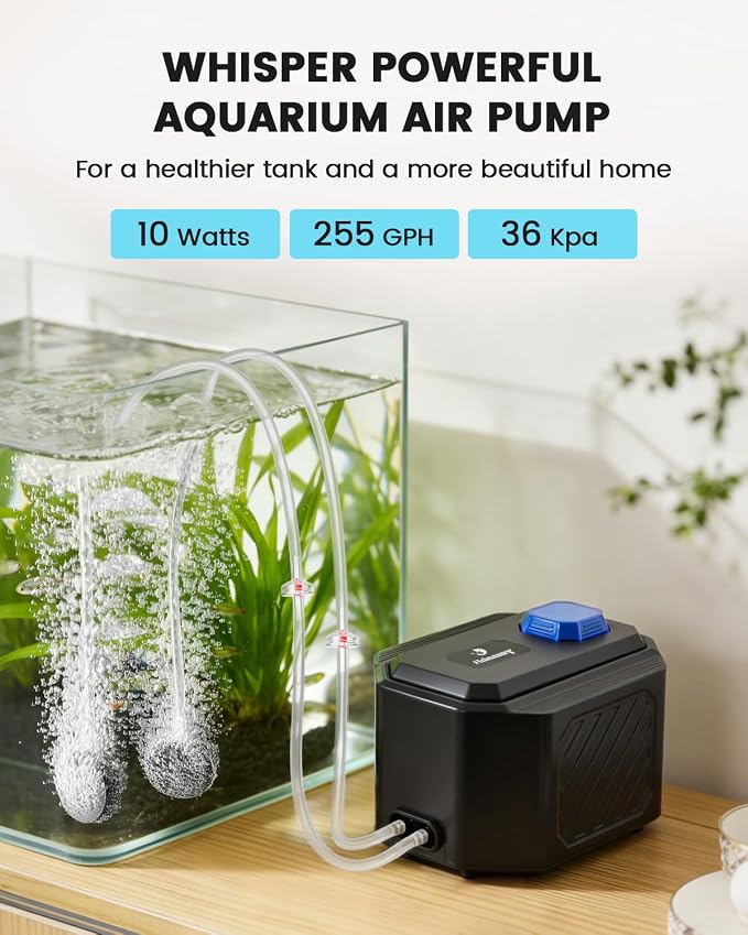 fishkeeper Ultra-Quiet Aquarium Air Pump – 10W (255GPH) Powerful Fish Tank Air Pump with Stainless Steel Dual Outlets, Adjustable Oxygen Aerator Pump with Air Stone Bubbler Kit for 1–200 Gallon