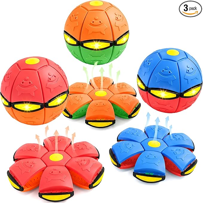 3 PCS Color-Blocked Magic Bouncing Pop Up Balls | 6 LED Lights, Transforming Ball Toy for Kids & Pets, Durable TPR, For Large Medium Dogs, Outdoor Interactive Disc Ball