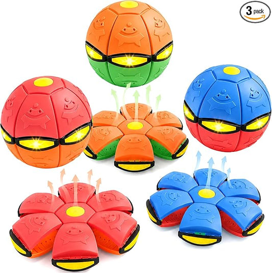 3 PCS Color-Blocked Magic Bouncing Pop Up Balls | 6 LED Lights, Transforming Ball Toy for Kids & Pets, Durable TPR, For Large Medium Dogs, Outdoor Interactive Disc Ball