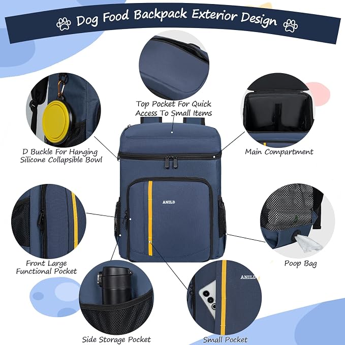 ANILD Dog Travel Bag Backpack, Flight-Ready TSA-Approved Dog Travel Bag with 2 Leak-Proof Food Canisters, 2 Foldable Silicone Bowls, Multi-Compartment Organizer for Hiking, Camping, Dog Mom Essentials
