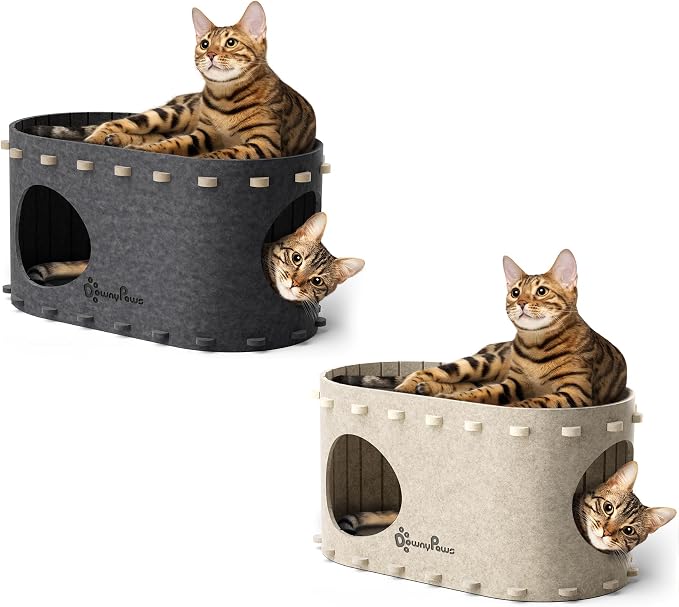 DownyPaws Cat House for Indoor Cats, Cat Bed Cave for Multiple & Large Cats Up to 22 Lbs, Scratch Resistant Peekaboo Cat Caves, Foldable Cat Tunnel Enclosed Bed, PeekaPurr, Cream and Sesame Gray