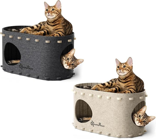 DownyPaws Cat House for Indoor Cats, Cat Bed Cave for Multiple & Large Cats Up to 22 Lbs, Scratch Resistant Peekaboo Cat Caves, Foldable Cat Tunnel Enclosed Bed, PeekaPurr, Cream and Sesame Gray