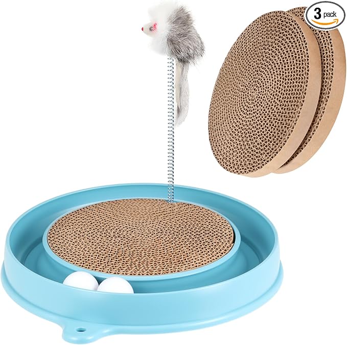 AceOrbit 3 Pcs Cat Ball Track Toy, Include 1 Round Cat Scratcher Toy with 2 Cats Scratching Board Pad Replacement, Interactive Toys Track and Plush Mouse Toys for Indoor Cats Kitten