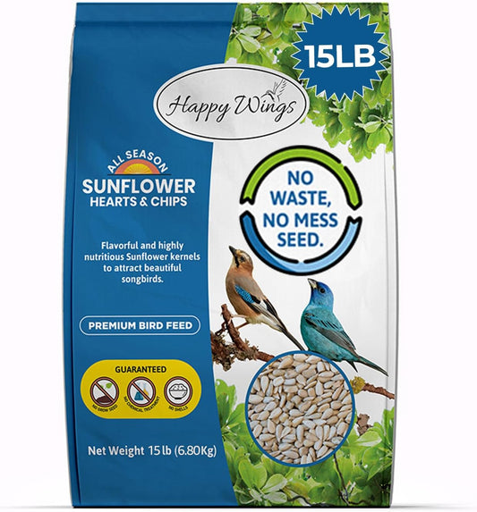 Sunflower Hearts & Chips Bird Food 15 lbs No Mess, No Waste Seed No Grow Formula Ideal for Wild Birds, Finches, Sparrows, and Year-Round Feeding.