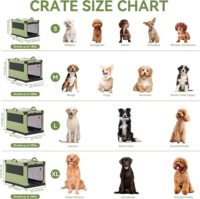 PETSFIT 36" Soft Portable Dog Crate – Patented Spiral Sturdy Frame, Collapsible Travel Kennel for Medium & Large Dogs, 3 Mesh Door, Lockable Zippers, Indoor & Car Use Green
