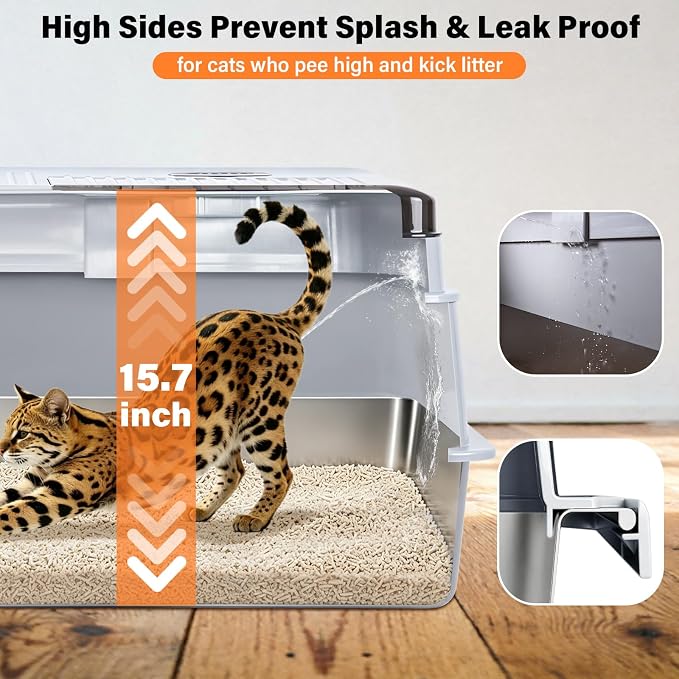 Enclosed Stainless Steel Cat Litter Box with Lid, XXXL Metal Litter Box with Collection Tray & Scoop, Odor-Free/Anti-Leakage & Non-Stick/Easy Clean, High-Sided Litter Box for Multiple Big Cats