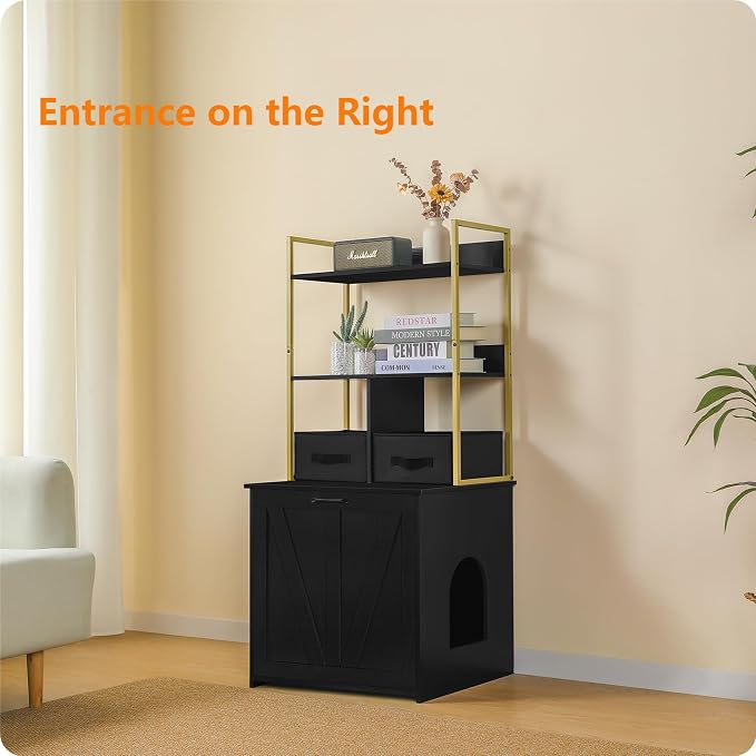 Dwanton Litter Box Enclosure with 2 Storage Shelves and 2 Drawers, 2-in-1 Hidden Cat Litter Box Enclosure Furniture with Shelf, Reversible Entrance, Washable Drawers, 50-Inch, Black+Gold