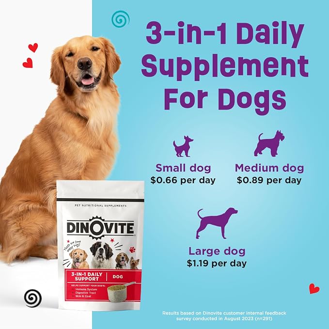 Dinovite Probiotics for Dogs, Probiotic Powder Food Topper for Medium Dogs (18-45 lb), Daily Digestive Health & Skin Support with Omega-3s, 30 Servings