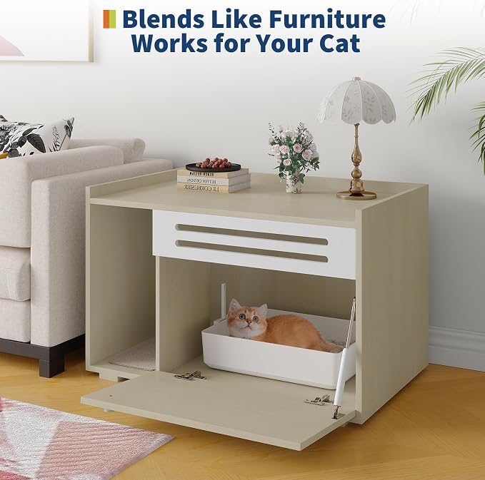 GarveeLife Cat Litter Box Enclosure Furniture Hidden Litter Box Cabinet Indoor Cat Washroom Pet House Dog Proof Hideaway Kitty Flip-down Opening Litter Box Enclosure - Wood Color