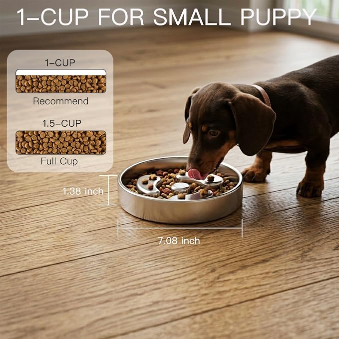 Slow Feeder Dog Bowls, 1.5Cups for Small Puppy, Food-Grade Double-Layer Stainless Steel, Heavy Duty with Non-Slip Rubber Base, Anti-Choking Puzzle Bowl to Slow Down Eating(2Pack)