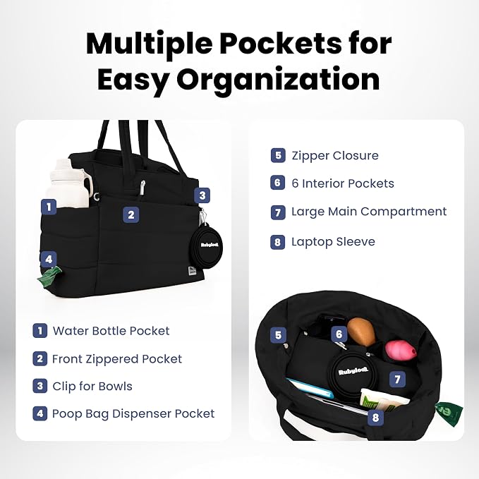 Rubyloo Dog Mom Essentials Bundle - Puffer Tote with Storage Containers (Black) and 32 oz Water Bottle with Detachable Bowl (Dog Mom) - Travel Bag and Hydration Set