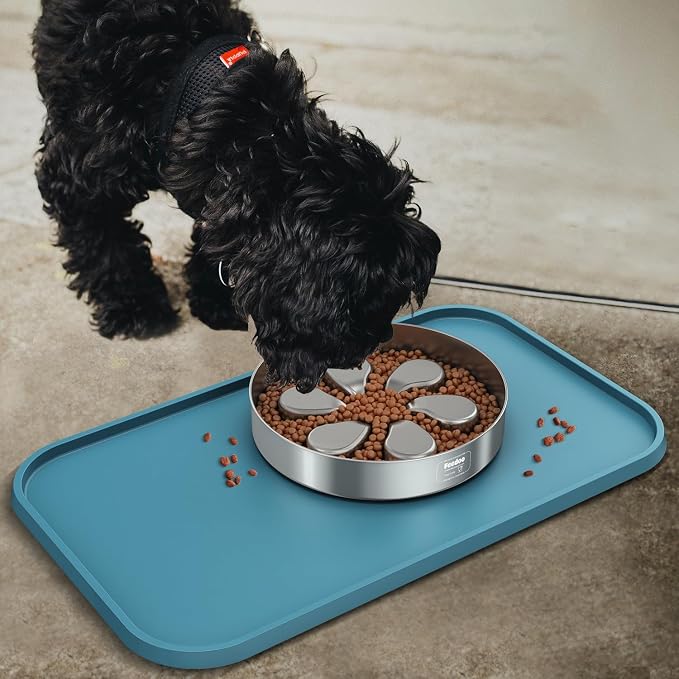 Pet Feeding Mat [Warped Resistant Raised Edge], Water-Proof Silicone Placement for Food Water Bowls, Anti-Slip Base Protect Floor, BPA-Free&Dishwasher-Safe [23.5x13.5inch Large, Blue]