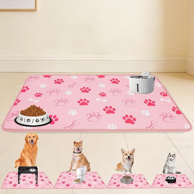 PUPTECK Dog Food Mat, Absorbent Pet Cat Feeding Mat for Food and Water Bowls, Anti-Slip Dog Placemat for Floors Waterproof, Pet Supplies Accessories, Pink S