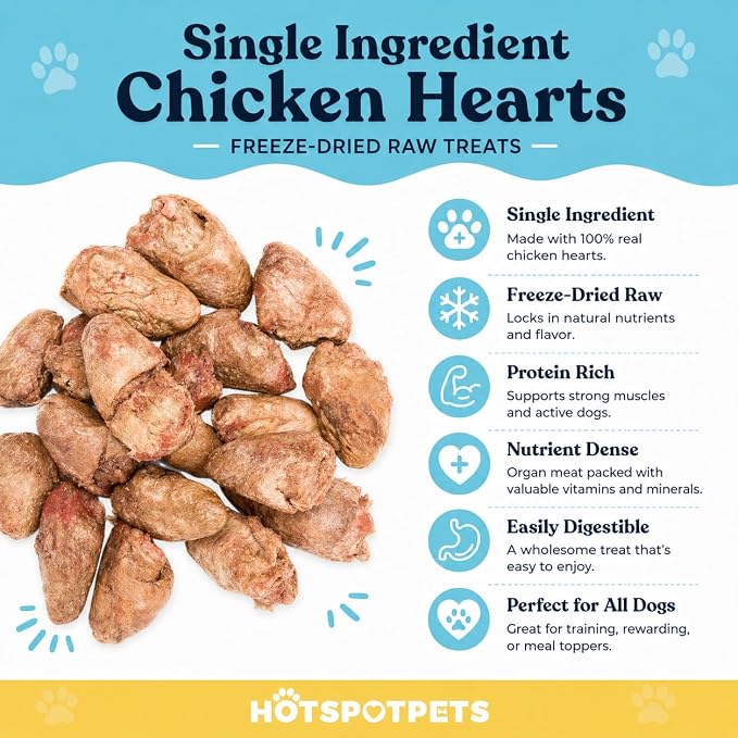 Hotspot Pets Freeze Dried Chicken Hearts for Cats & Dogs- 1LB Bag (300+pcs) USA Made, Healthy Single Ingredient All Natural Grain Free- Resealable -Perfect for Training, Topper or Snack, Allergen-Free