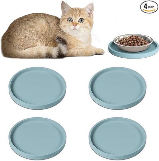 Arespark Pet Silicone Food Mat, 6in x 6in Set of 4 Nonslip Waterproof Feeding Bowl Mat with Raised Edges for Food and Water Prevent Spills, Round Eating Tray for Dog Cat Puppy Kitten (Light Blue)