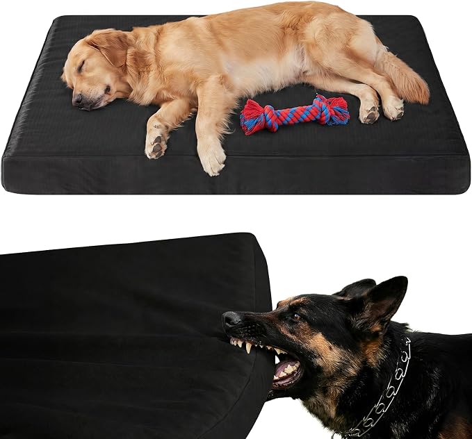 RRPETHOME 3" Indestructible Chew Proof Dog Beds for Aggressive Chewers,Durable Waterproof Fabic Chew Resistant Crate Dog Bed for Puppy Teething & Active Dog, Orthopedic Egg Foam（Black 35x22x3）