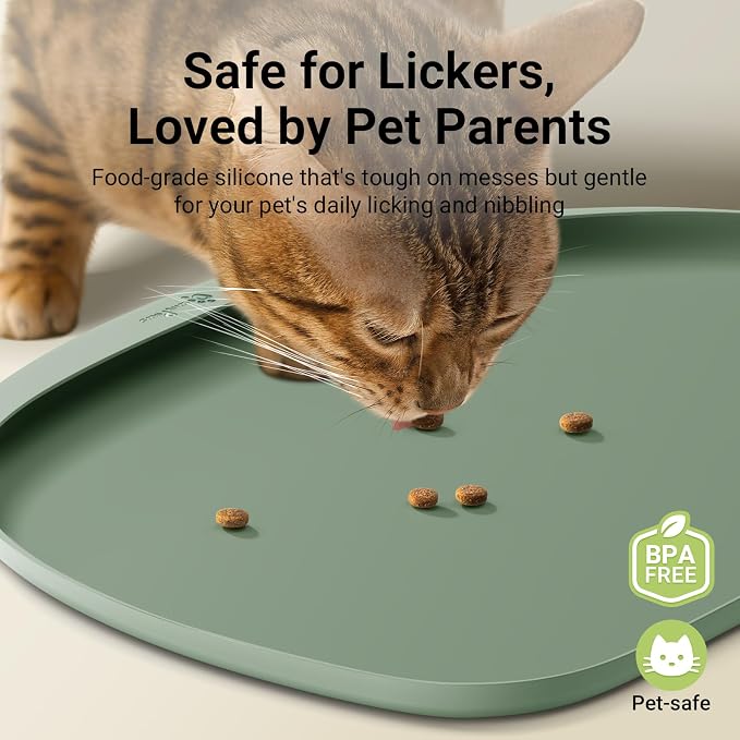 DownyPaws Cat Food Mats for Floors Waterproof, BPA Free Silicone Pet Feeding Mat, Non-Slip Pet Food Mat with High Raised Edge, Cat Placemat for Messy Drinkers, 18"×12.5", Sage