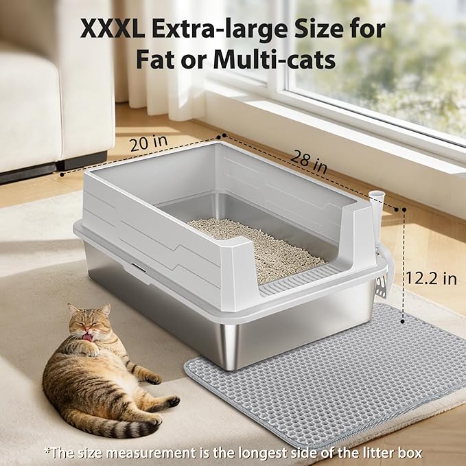 FURTIME Stainless Steel Cat Litter Box, Easy-Clean High-Sided Metal Litter Box, Open-Top Litter Pan for Large Cats, Great for Multi-Cat Homes,Includes Scoop&Mat, Non-Stick, Anti-Leakage, 28"×20"×12.2"