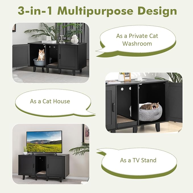 Tangkula Patented Double Cat Litter Box Enclosure for 2 Cats, Large Hidden Privacy Cat Washroom Cabinet with Scratching Board, Indoor Cat House TV Stand Side Table, Litter Box Furniture (Black)