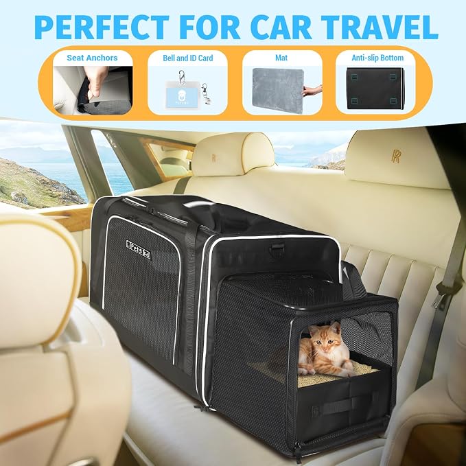 Petskd Side Expandable Extra Large Cat Carrier with Wheels and Litter Box, 24"x17"x17" Soft-Sided Pet Carrier for 2 Cats Under 55 lbs with Zipper Locks for Car Travel (Black)