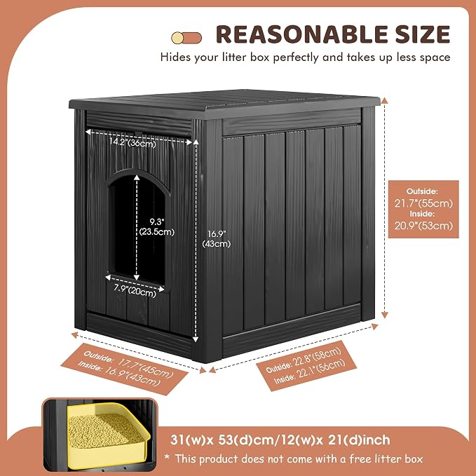Cat Litter Box Enclosure, Resin Hidden Litter Box Furniture Side Table with Openable Front Door, Weatherproof Indoor & Outdoor Cat Litter Box Cabinet, Raised Floor, Easy to Clean & Assemble, Black