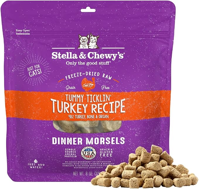 Stella & Chewy's Freeze-Dried Raw Cat Dinner Morsels - Premium Turkey Recipe with 98% Farm-Raised Meat & Organs - Natural Grain-Free Cat & Kitten Food - Made in USA - 8 oz