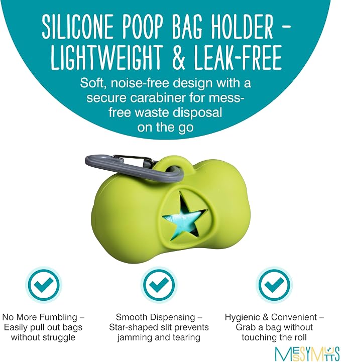 Messy Mutts Green Silicone Dog Poop Bag Dispenser with 240 Unscented Advanced BioRecycle™ Waste Bags & 16 Starter Bags | Easy Care Refill Rolls for Pet Cleanup