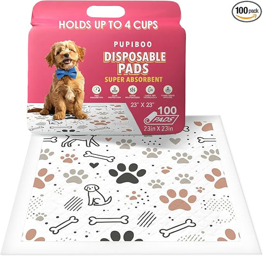 Pupiboo Disposable Dog and Cat Training Pads Highly Absorbent Pee Pads, Leak Proof Backing, for Housebreaking & Potty Training – 23x23 in (100 Count)