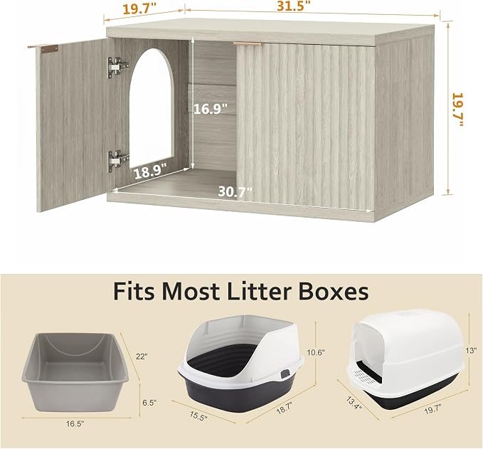Homhedy Cat Litter Box Enclosure, Modern Fluted Accent Cat Washroom Furniture, Pet House, Fit Most of Litter Box,Cream Gray