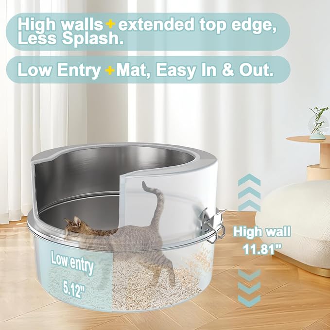 High Sided Low Entry Stainless Steel Round Cat Litter Box, Large Corner Litter Box for Big/Multi Cats,Metal Litter Box Includes Scoop & Filter Pedal,Odor Control，Easy to Clean