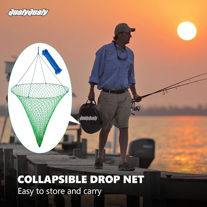 QualyQualy Large Bridge and Pier Fishing Net 32''/39'' Hoop, Foldable Drop Net Pier Fishing for Saltwater with Rope, Landing Net with Nylon Mesh, Collapsible Soft Steel Ring