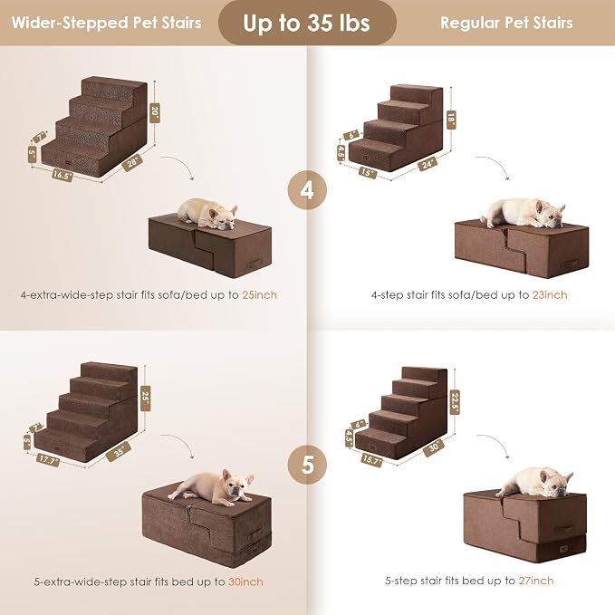 EHEYCIGA Dog Stairs for High Bed 25" H, 5-Step Extra Wide Dog Steps for Bed, Pet Steps for Small Dogs and Cats, Non-Slip Balanced Pet Ramp Indoor, Brown