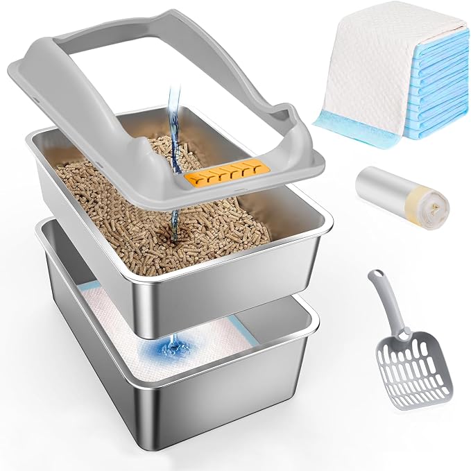 Stainless Steel Sifting Litter Box,XL Cat Litter Box with Lid,Pellet Litter Box for Big Cat,High Sides,Anti-Leakage,Easy Clean