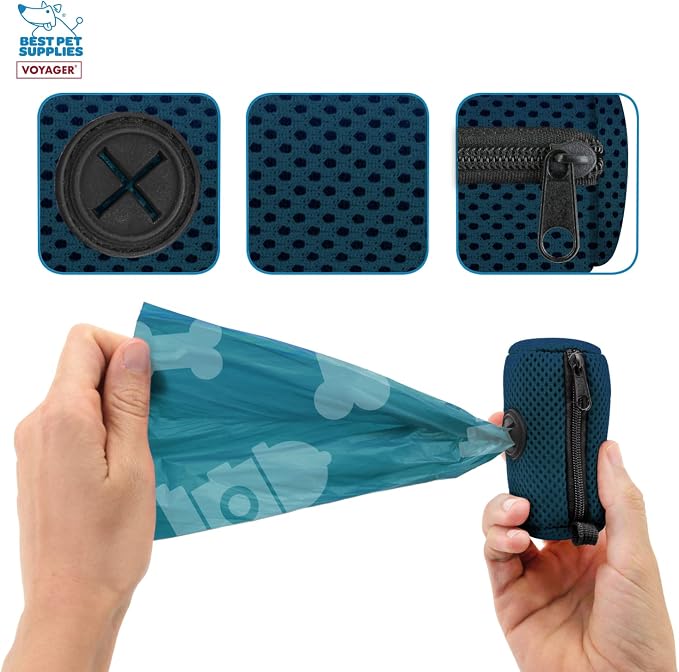 Best Pet Supplies Dog Poop Bag Holder Leash Attachment with 15 Bags, Blue, Reusable Mesh Dispenser Pouch for Travel, Walking, Park, and Outdoor Use, Soft and Durable with Clip-On