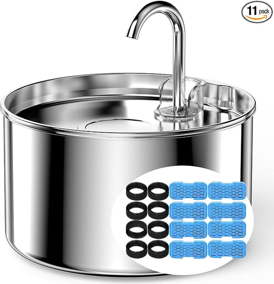 Cat Water Fountain Stainless Steel + 8 filters + 8 Sponges - Pet Water Fountains Faucet Metal Automatic Cat/Dog Waterer Bowls Pets Watering Running Bottle Water Dispenser for Drinking Ultra Quiet Pump
