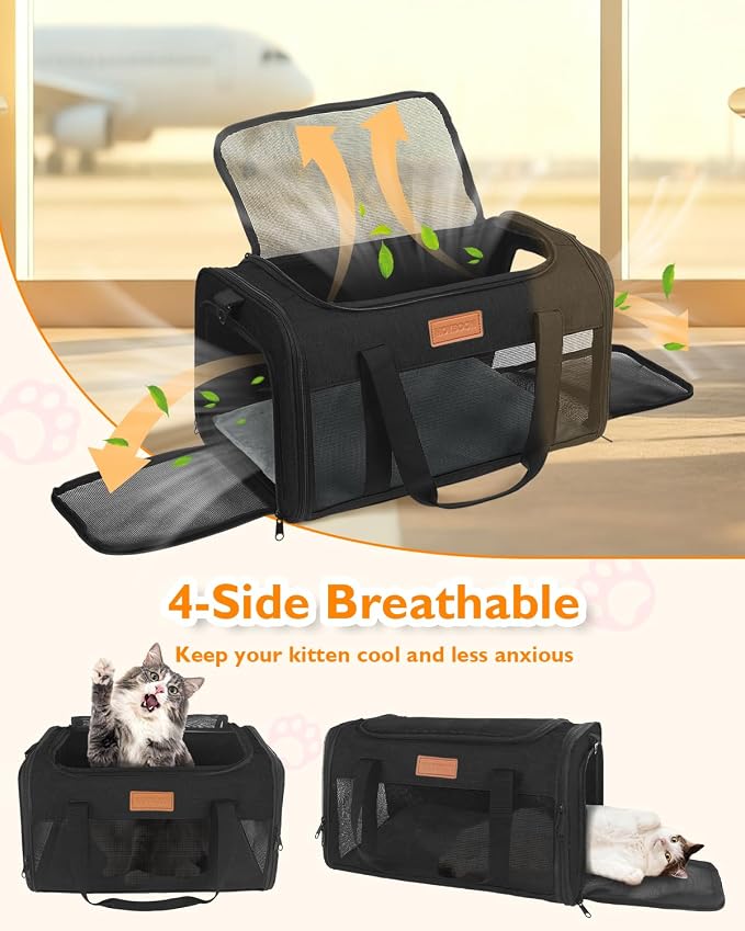 PETUX Airline Approved Pet Carrier for Small Cats up to 12 lb, Black | 17x11x9.5 in, Underseat, Top & Side Entry, Soft Sided Cat Carrier with Breathable Anti-Scratch Mesh for Travel & Vet