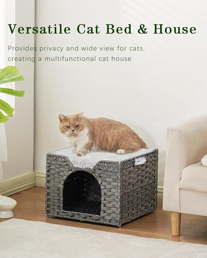 SETVSON Cat Beds Indoor Kitten House, Handwoven Rattan Cat Cave Pet Cube, One Bed Mat, Foldable, Hideaway, 16.5x16.5x13.2 Inches, 2 S-Shaped Hooks in Living Room Bedroom Gray