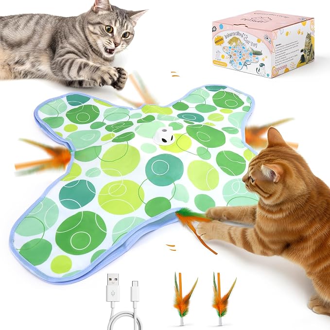 Interactive Cat Toys for Indoor Cats, Hide and Seek Cat Toy, 2 in 1 Automatic Moving Concealed Feathers Cat Toy Mat, Non-Slip Suction, Touch Activated, USB Rechargeable, Green