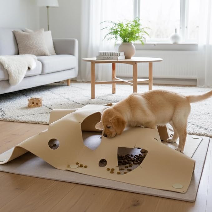 PETKARAY Felt Dog Snuffle Mat, Interactive Dog Enrichment Sniffing Mat, Mental Stimulation - Removable Enrichment Puzzle Toy Play Mat, Beige