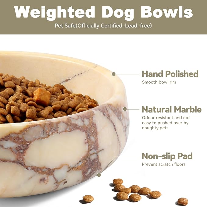 Karibiber Calacatta Marble Dog Bowl, 6lbs Weighted Dog Food Bowl, Non-Slip Large Heavy Water Bowls, Cute Purple Stone Food and Water Dish for Large Dogs, Natural Marble, Easy to Clean, Holds 6 Cups