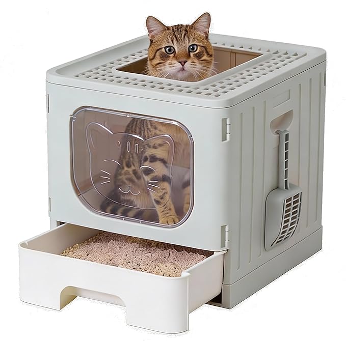 OLIXIS Cat Litter Box with Lid, Large Foldable Cat Box with Scoop, Front Entry Top Exit Kitty Litter Boxs with Door, Easy Cleaning Drawer Design Odor Control, Grey