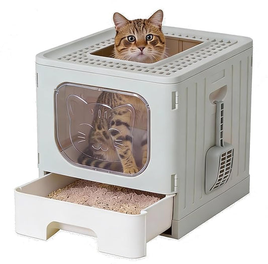 OLIXIS Cat Litter Box with Lid, Large Foldable Cat Box with Scoop, Front Entry Top Exit Kitty Litter Boxs with Door, Easy Cleaning Drawer Design Odor Control, Grey