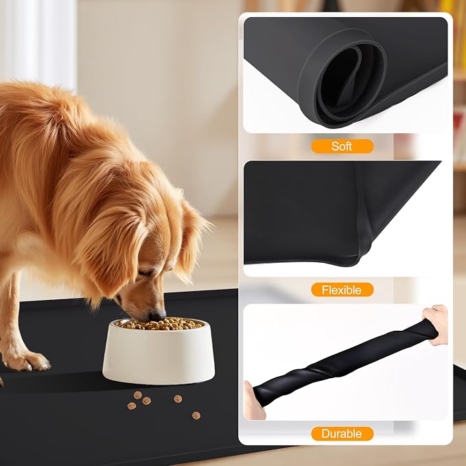 Finorder Dog Silicone Mat for Food and Water,100% Floors Waterproof Pet Feeding Mats Higher Raised Edges 23.6"X19.7"Large Silicone Mat Bpa Free,Placemats for Cats and Dogs,Pet Supplies(Black)
