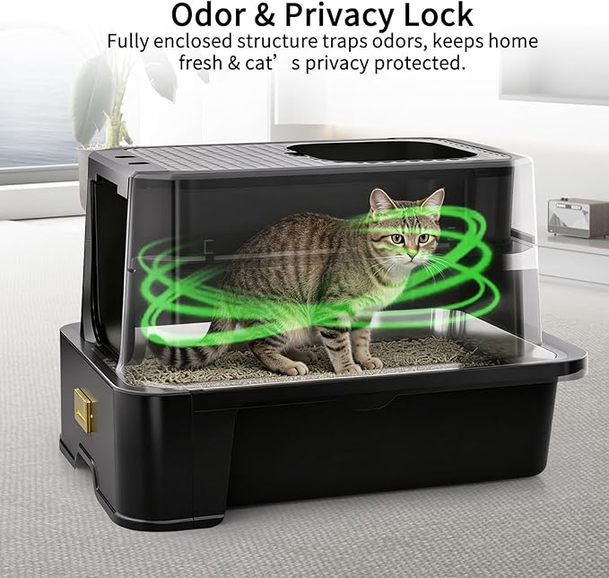 RIZZARI Stainless Steel Cat Litter Box with Lid, Extra Large Enclosed Metal Litter Box with Drawer & Deodorizer Spray, High Sided Top Entry Odor Control Design for Cats, Apartments & Multi-Cat Homes
